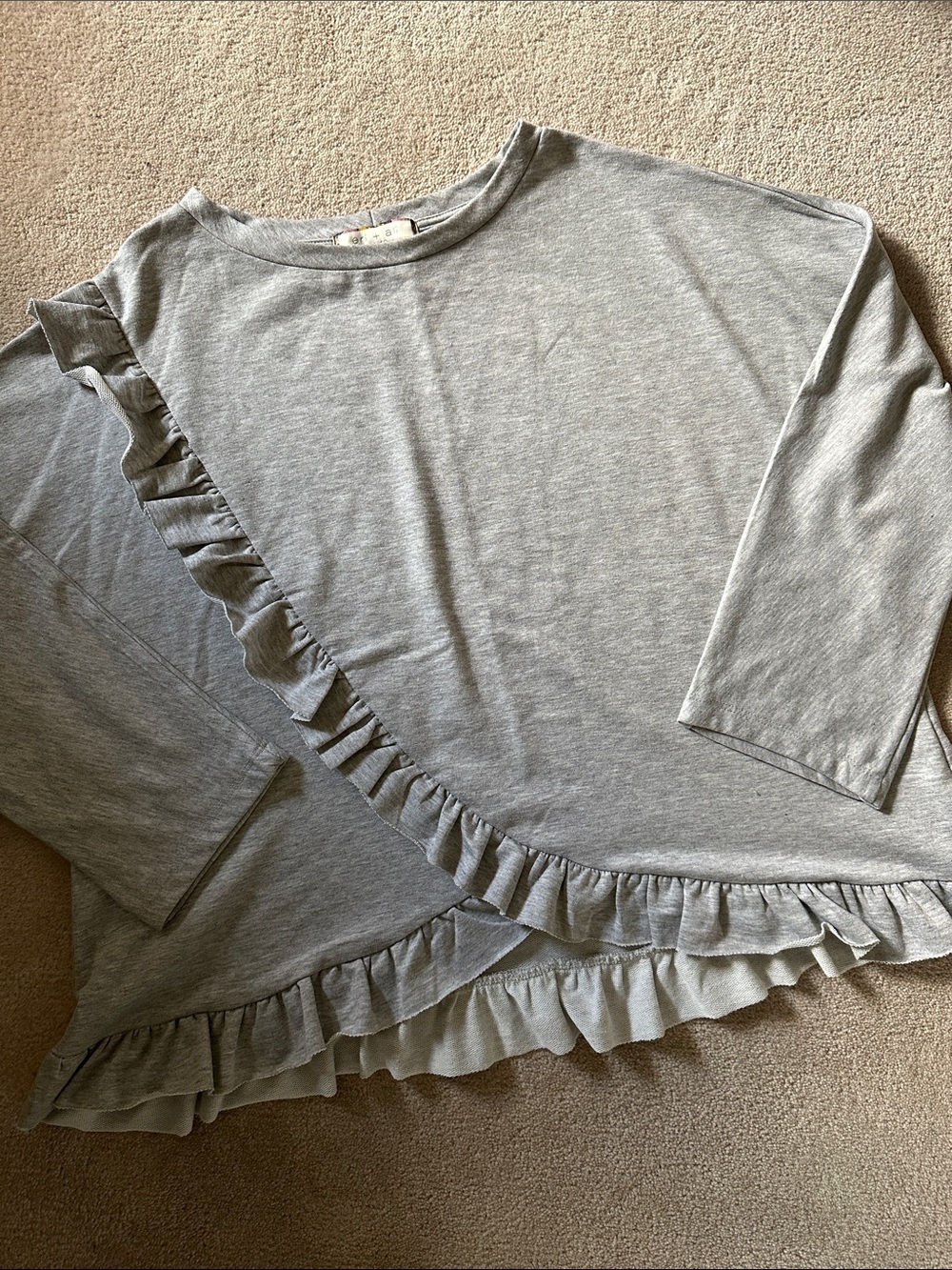 Anthropologie Light Gray Ruffle-Trim Long Sleeve Tee